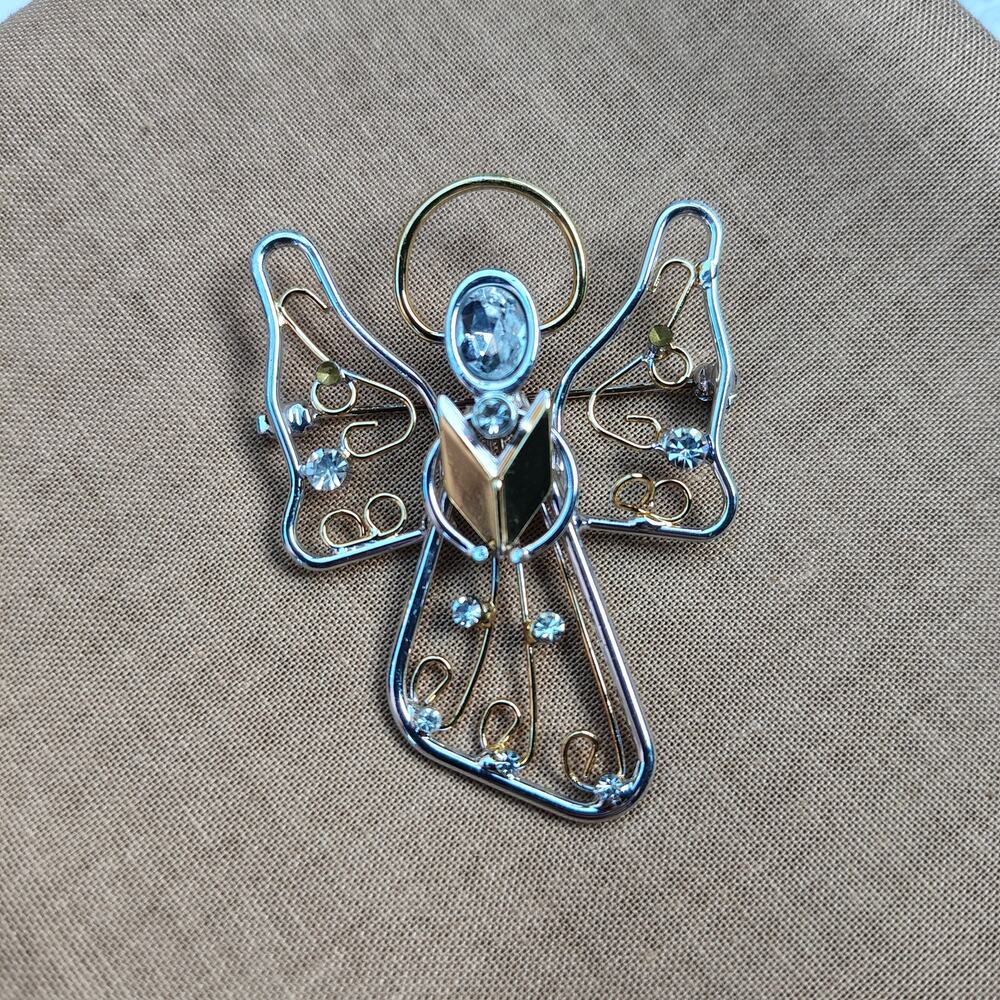 Singing Choir Angel Pin Brooch Silver and Gold Tone with Clear Rhinestones